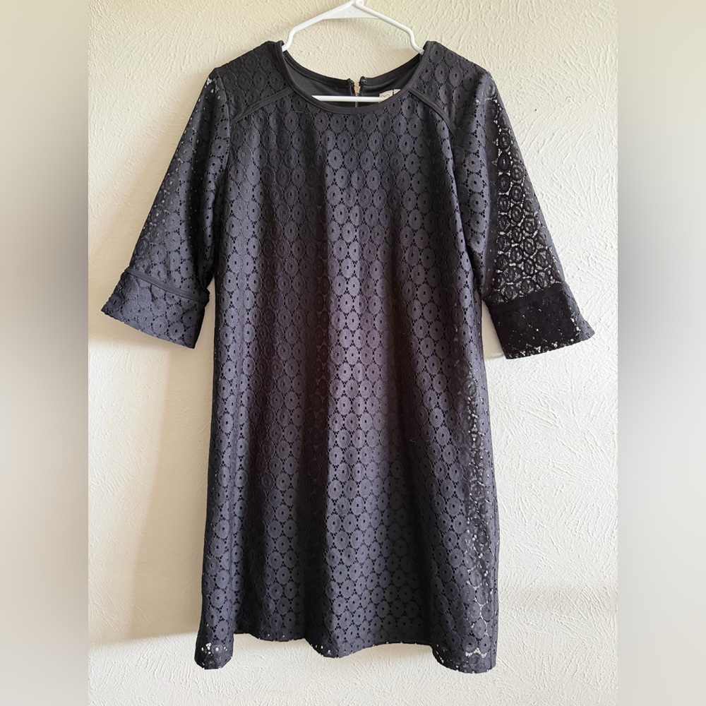 Emma & Michele Black Lace Shift Dress with Elbow Sleeves